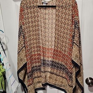 Catherines Sheer Printed Kimono in Beige, Rust & Navy